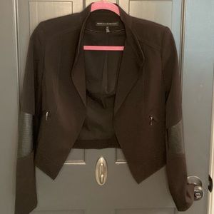White House Black Market WHBM Black Faux Leather Sleeve Jacket Coat Blazer Sz 0